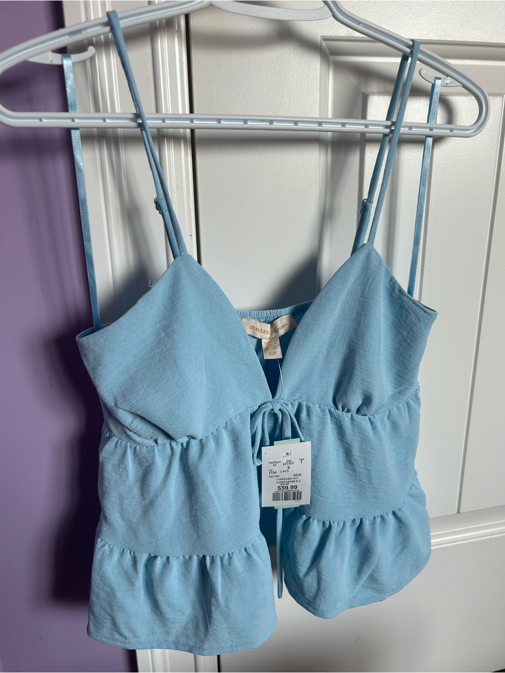 Light Blue Tiered Crop Top with Tie Front